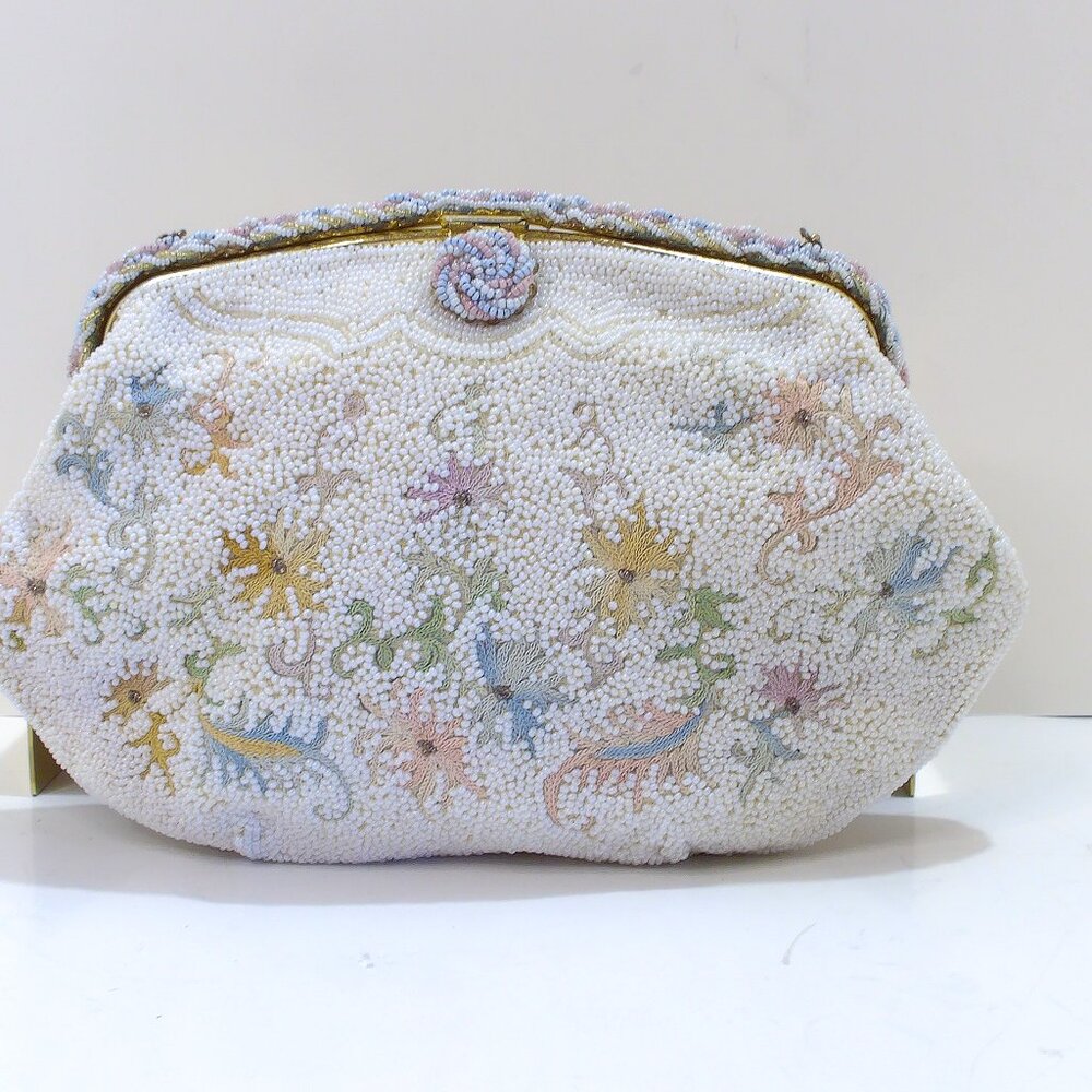 Wallborg Hand Beaded Bag, Multicolor Beads, Snap Closure with Gold Chain Strap
